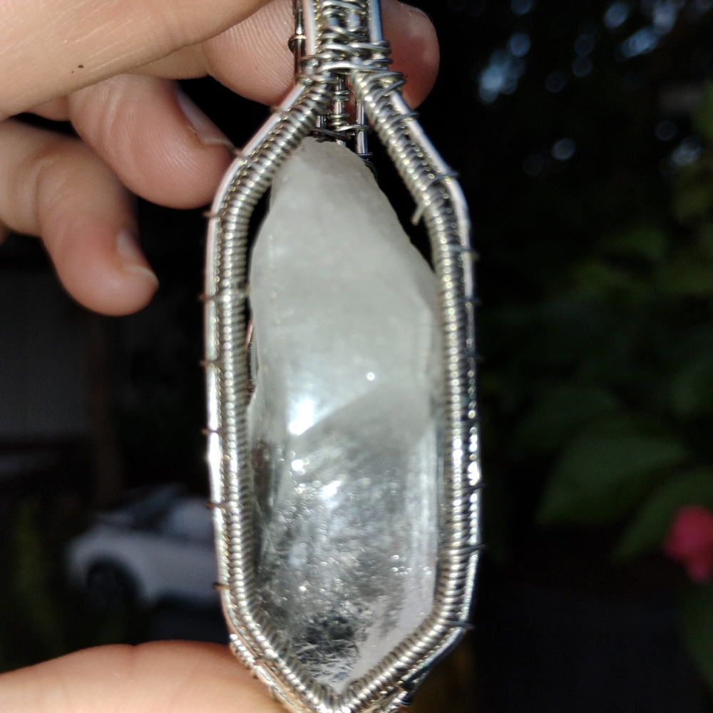 Silvertone  Wire Wrapped Quartz Crystal Pendant